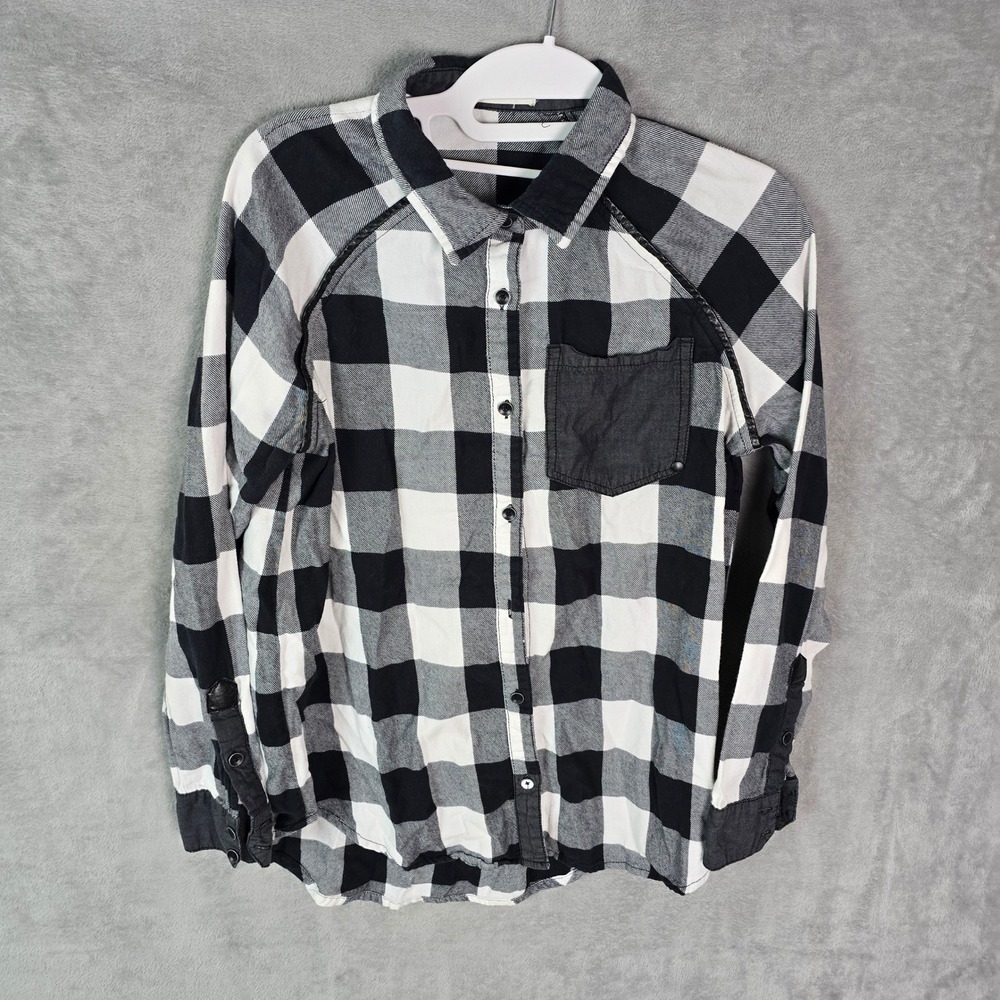 Rusty Womens Buffalo Plaid Button Down Shirt Black White Checkered Long Sleeve S
